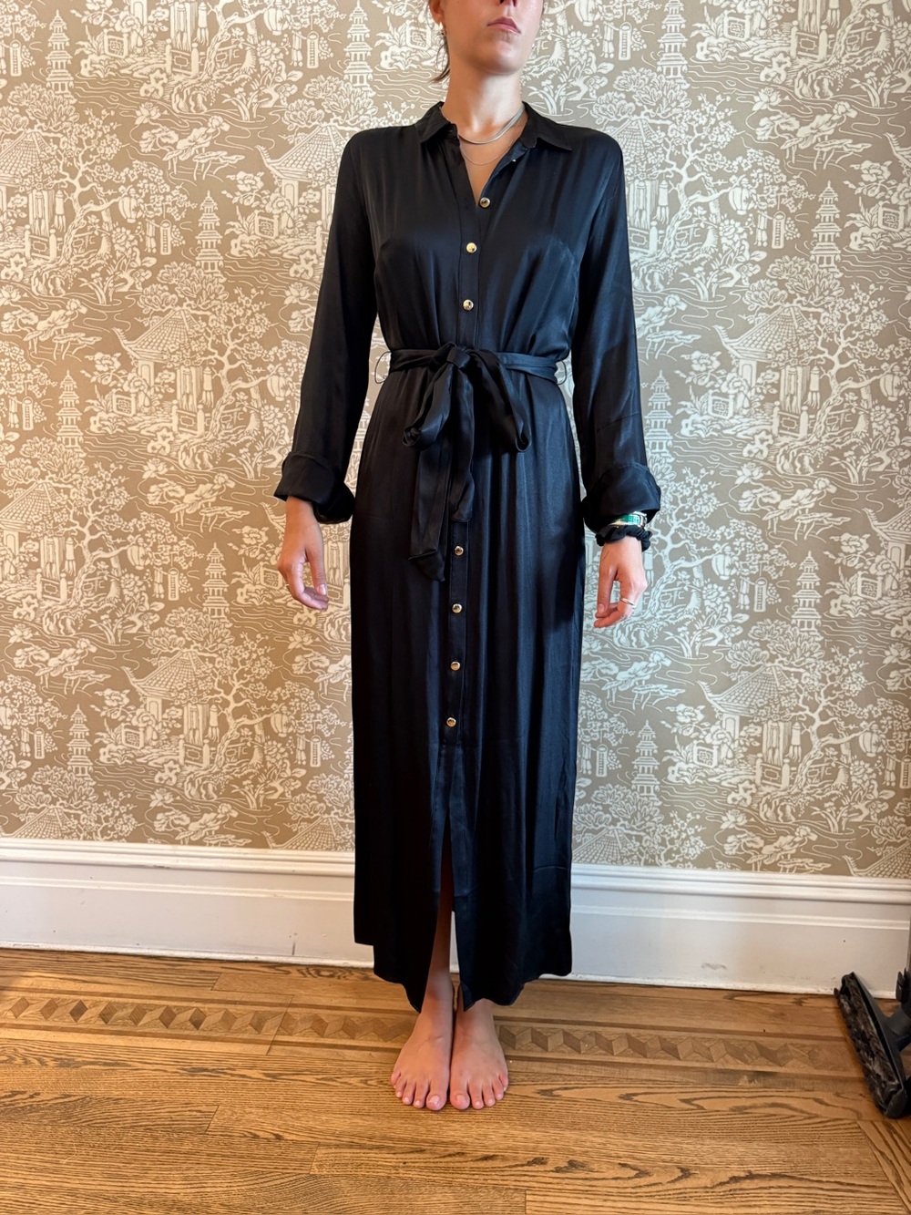 J. Crew Black Satin Button-Front Maxi Dress with Tie Waist
